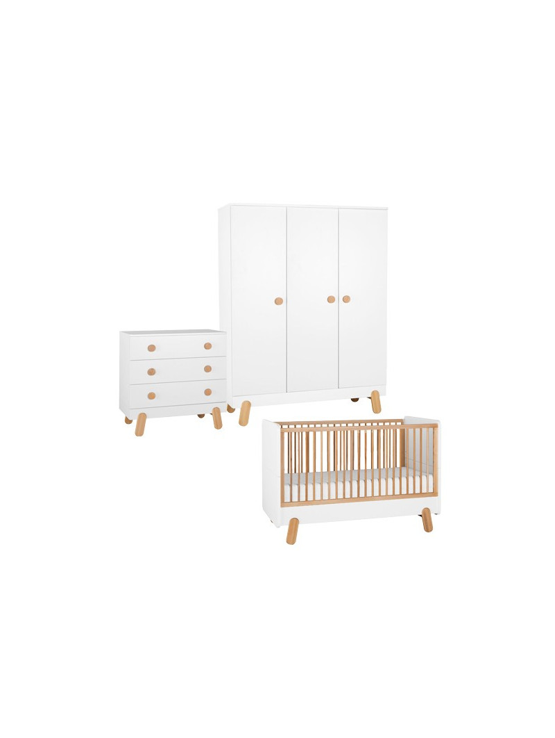 Cameretta completa 3 pezzi con Armadio, Cassettiera e Culla in Legno Bianco collezione I’ga