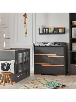 Cassettiera 3 cassetti per la Cameretta dei Bambini in MDF grigio e profili in legno di faggio - Fasciatoio aggiuntivo