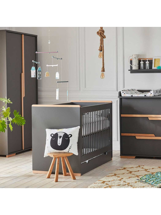 Children's bedroom Cot Bed 120x60 in grey MDF and Beech wood - Snap Collection - Removable Drawer