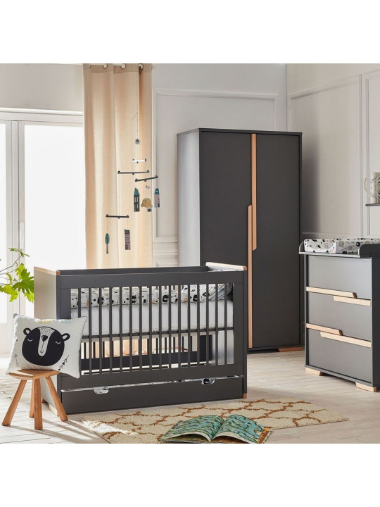 Children's bedroom Cot Bed 140×70 in grey MDF and Beech wood - Snap Collection - Removable Drawer