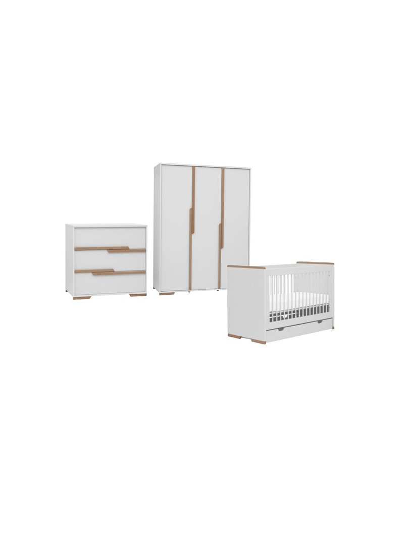 Cameretta completa 3 pezzi con Armadio, Cassettiera e Culla 60x120 trasformabile in lettino in Legno Bianco collezione Snap