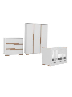 Cameretta completa 3 pezzi con Armadio, Cassettiera e Culla 60x120 trasformabile in lettino in Legno Bianco collezione Snap