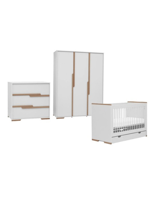 Cameretta completa 3 pezzi con Armadio, Cassettiera e Culla 60x120 trasformabile in lettino in Legno Bianco collezione Snap