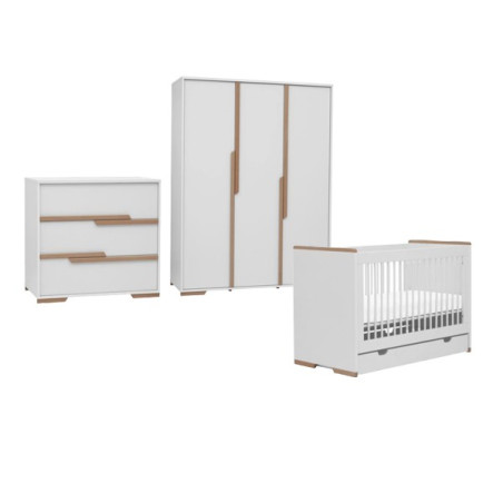 Cameretta completa 3 pezzi con Armadio, Cassettiera e Culla 60x120 trasformabile in lettino in Legno Bianco collezione Snap