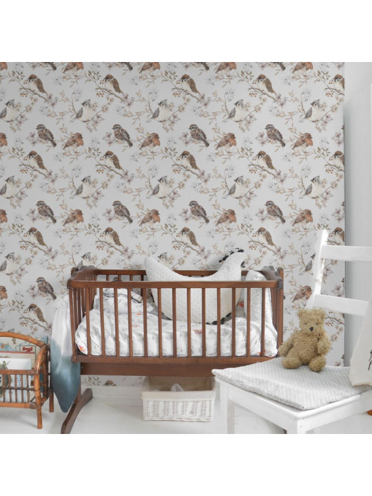 Wallpaper for Children's Bedroom Birds White-Gray by Dekornik