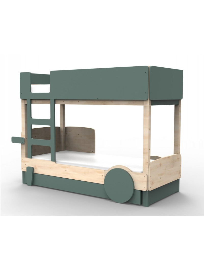 Bunk bed for children 90x190 in the shape of a car with pull-out bed - Montessori bed in pine wood with colored wheels