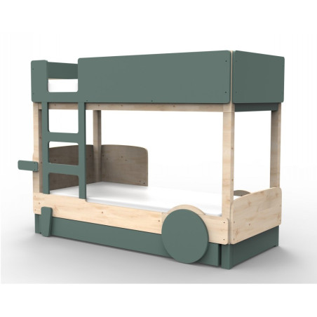 Bunk bed for children 90x190 in the shape of a car with pull-out bed - Montessori bed in pine wood with colored wheels