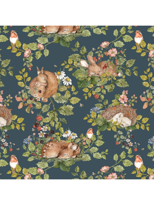 Carta da Parati Tappezzeria per Cameretta dei Bambini Little Sleepy Animals Dark by Dekornik