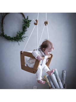 Swing for children aged 3 months to 3 years in oak and real black or white leather - comfortable seat made by hand