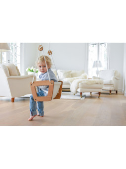Swing for children aged 3 months to 3 years in oak and real black or white leather - comfortable seat made by hand
