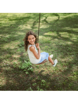 Altalena per bambini 6 anni + a forma di disco in legno massello colore noce e corda nera - Peso massimo: 80kg