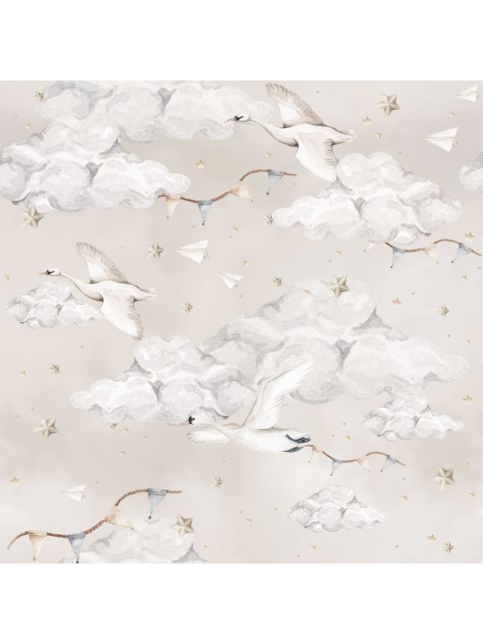 Carta da Parati Tappezzeria per Cameretta dei Bambini Magic Magic Swans Beige by Dekornik