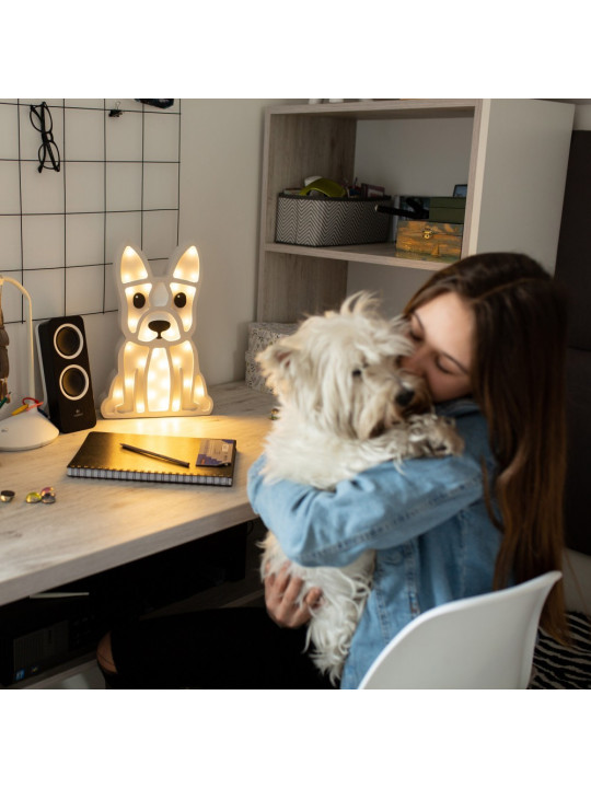 Lampada per la Cameretta dei Bambini in Legno FSC a forma di cane Buldog - Misure: 40x26x5,5 cm - Luce a LED colore bianco caldo