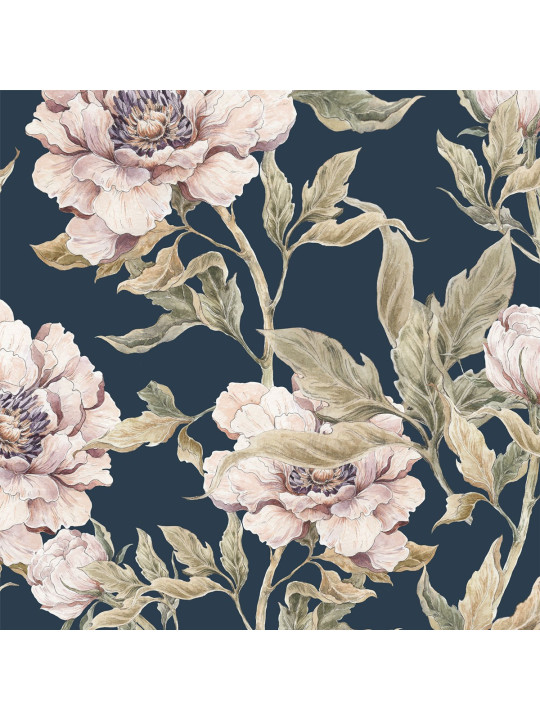Carta da Parati Tappezzeria per Cameretta dei Bambini Peonies Navy Blue by Dekornik